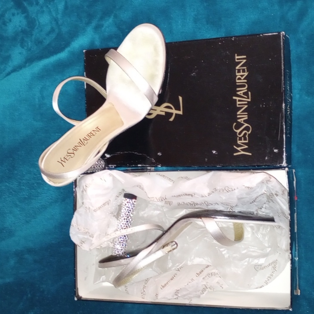 Yves Saint Laurent shoes , Size 9m , Silver satin , Crystal heel